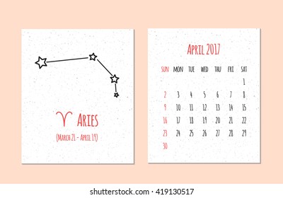 Vector calendar for 2017 in the zodiac style Calendar for the month of April with the image of the Aries constellation on beige scratched background Elements for creative design ideas of your calendar
