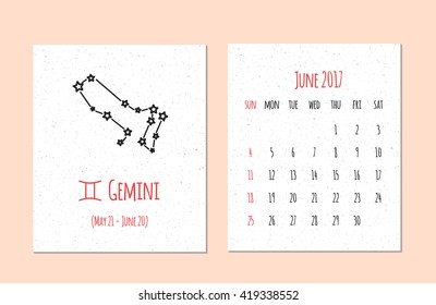 Vector calendar for 2017 in the zodiac style. Calendar for the month June with the image of the Gemini constellation on beige scratched background. Elements for design ideas of your calendar
