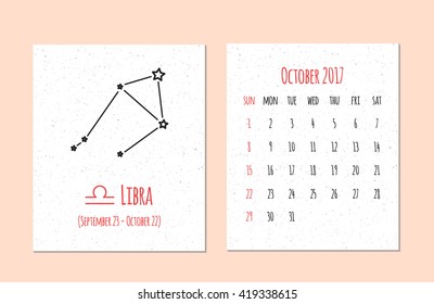 Vector calendar for 2017 in the zodiac style. Calendar for the month October with the image of the Libra constellation on beige scratched background. Elements for design ideas of your calendar