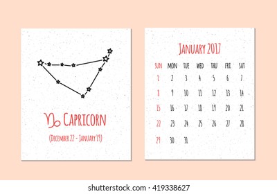 Vector calendar for 2017 in the zodiac style. Calendar for the month January with the image of the Capricorn constellation on beige scratched background Elements for design ideas of your calendar