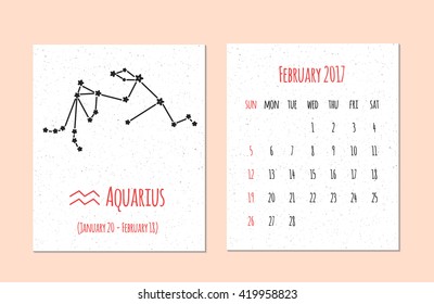 Vector calendar for 2017 in the zodiac style. Calendar for the month February with the image of the Aquarius constellation on beige scratched background Elements for design ideas of your calendar