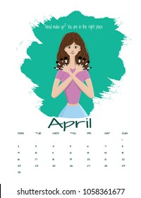 Vector calendar 2018 April.Beautiful make up artist with brushes in hands. Attractive girl with professional make up brushes.