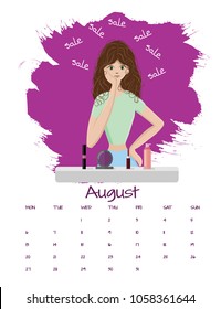 Vector calendar 2018 August.Beautiful make up artist choosing cosmetics with sales. Attractive girl buying new mascara, powder, lipstic and losion. Sales on cosmetics for make up.