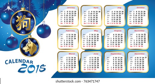 Vector calendar for 2018 with blue Christmas balls and a Golden image of a dog