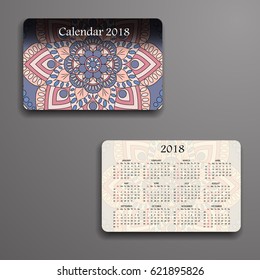 Vector calendar 2018 with decorative elements. Vector mandala design. Template can be used for web and print design.
