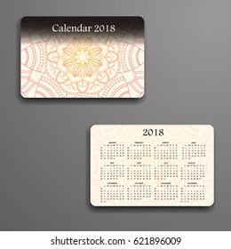 Vector calendar 2018 with decorative elements. Vector mandala design. Template can be used for web and print design.