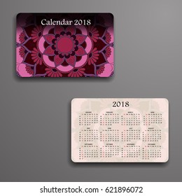 Vector calendar 2018 with decorative elements. Vector mandala design. Template can be used for web and print design.