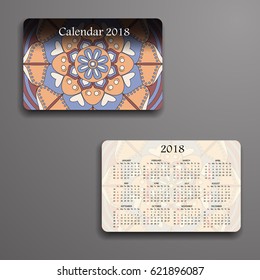 Vector calendar 2018 with decorative elements. Vector mandala design. Template can be used for web and print design.