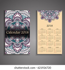 Vector calendar 2018 with decorative elements. Vector mandala design. Template can be used for web and print design.