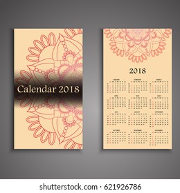 Vector calendar 2018 with decorative elements. Vector mandala design. Template can be used for web and print design.