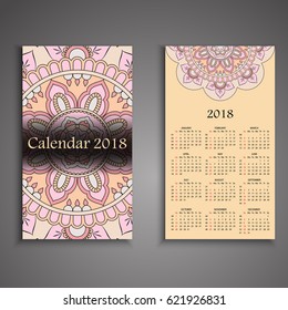 Vector calendar 2018 with decorative elements. Vector mandala design. Template can be used for web and print design.