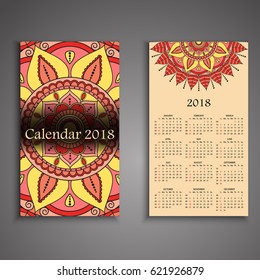 Vector calendar 2018 with decorative elements. Vector mandala design. Template can be used for web and print design.