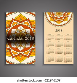 Vector calendar 2018 with decorative elements. Vector mandala design. Template can be used for web and print design.