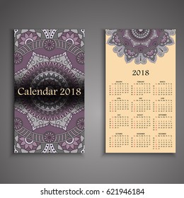 Vector calendar 2018 with decorative elements. Vector mandala design. Template can be used for web and print design.