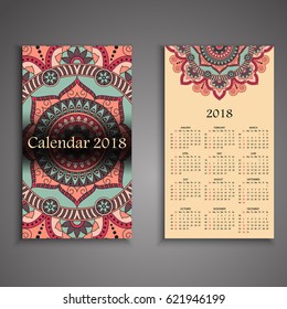 Vector calendar 2018 with decorative elements. Vector mandala design. Template can be used for web and print design.