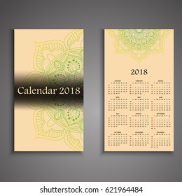 Vector calendar 2018 with decorative elements. Vector mandala design. Template can be used for web and print design.