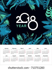 Vector calendar 2018 with exotic plants and tropical leaves