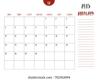 Vector of calendar 2018 ( february ) in simple clean table style with note line in earth tone color theme,full size 21 x 16 cm,Week start on Sunday