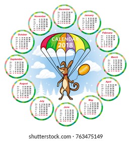 Vector calendar for 2018 with a funny little dog with a colored parachute