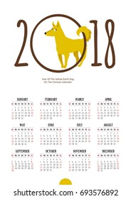 Vector calendar for 2018. Illustration of Yellow Earthy Dog, symbol of 2018 on the Chinese calendar. Drawing of amusing hound, isolated on white background. Week starts Sunday. A4 page size.