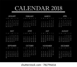 Vector Calendar 2018 isolated on black background. Vector illustration eps 10.