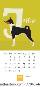 Vector calendar 2018 January month Basenji