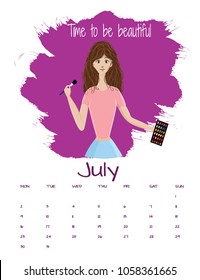 Vector calendar 2018 July.Vector illustration of beautiful make up artist with brush and pallet of shadows in hands, ready to do the make up.