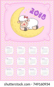 Vector calendar 2018 with lamb. Week starts from Sunday.