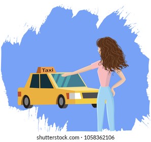 Vector calendar 2018 March. Beautiful girl taking the taxi. Vector illustration of the woman waiting for the car. Beautiful girl in hurry for work on the blue splashes background.