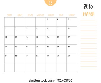 Vector of calendar 2018 ( march ) in simple clean table style with note line in earth tone color theme,full size 21 x 16 cm,Week start on Sunday.