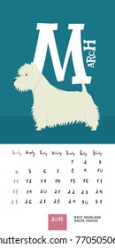 Vector calendar 2018 March West highland white terrier