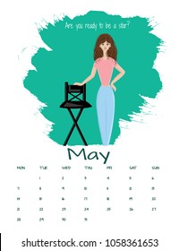 Vector calendar 2018 May. Beautiful make up artist with chair for make up during shooting. Attractive girl with professional make up chair for stars.