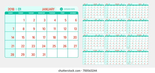Vector of Calendar 2018 new year with light vintage green and red color in table and simple clean modern style template ,Week start at Sunday