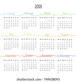 Vector calendar of 2018 new year with simple minimal grid. Week Starts from Monday. Lettering. Words made from the stripes. Isolated on white background
