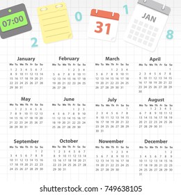 Vector calendar of 2018 new year with simple minimal grid. Week Starts from Monday. Illustration of a alarm clock, notes, calendar, planner on a workspace in flat style. Top view