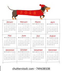 Vector calendar of 2018 new year with simple minimal grid. Week Starts from Monday. Illustration of a dog dachshund in knitted clothes — symbol of the 2018 year