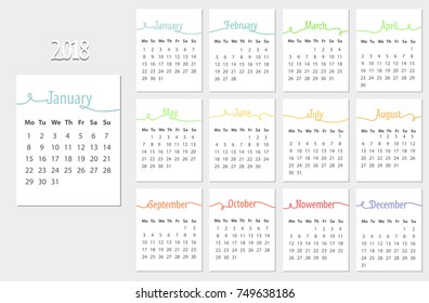 Vector calendar of 2018 new year with simple minimal grid. Week Starts from Monday. Lettering. Words made from the stripes