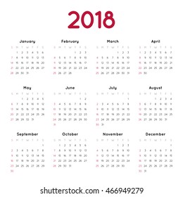 Vector calendar for 2018 on white background. Week starts from sunday. Simple design template. Minimalism Style