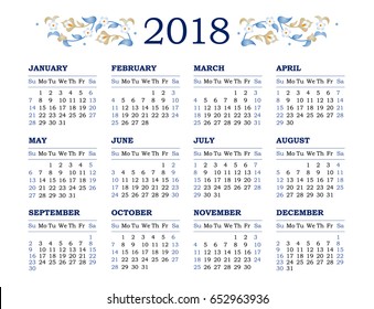 Vector calendar for 2018 on white background. Floral decor. Template with week starts Sunday.