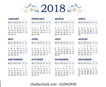 Vector calendar for 2018 on white background. Floral decor. Template with week starts Monday. 
