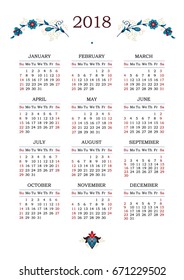 Vector calendar for 2018 on white background with elegant vignettes. Floral decor. Template with week starts Sunday. 