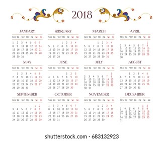 Vector calendar for 2018 on white background with elegant vignettes. Floral eastern decor. Template with week starts Monday.