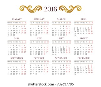 Vector calendar for 2018 on white background with elegant vignettes. Floral eastern decor. Template with week starts Monday.