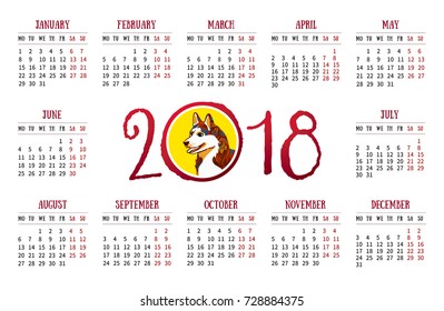 Vector calendar for 2018 on white backdrop. Illustration of Yellow Earthy Dog, symbol of 2018 on the Chinese calendar. The hound, decorated with floral patterns. Template with week starts Monday.