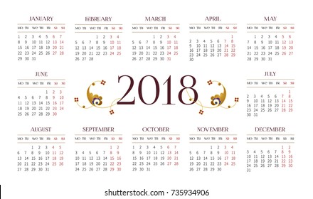 Vector calendar for 2018 on white background with elegant vignettes. Floral eastern decor. Template with week starts Monday.