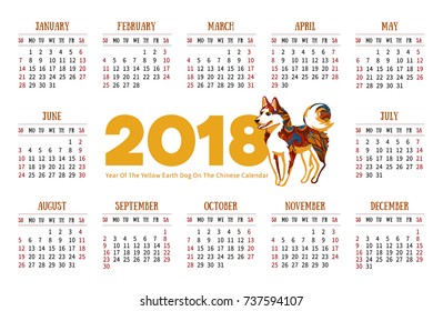 Vector calendar for 2018 on white backdrop. Illustration of Yellow Earthy Dog, symbol of 2018 on the Chinese calendar. The hound, decorated with floral patterns. Template with week starts Sunday.