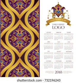 Vector calendar for 2018. Ornate decorated calendar grid. Vintage floral decor. Eastern style element. Golden decoration. Arabesques. Ornamental paisley illustration. Template with week starts Monday.