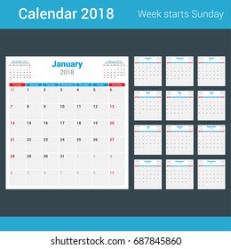 Vector calendar 2018. Week starts Sunday.