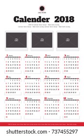 Vector calendar 2018. Week starts from Sunday