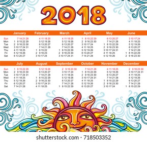 Vector calendar 2018 year, celestial style. Smiling Sun and swirls on white background. Week starts from Sunday